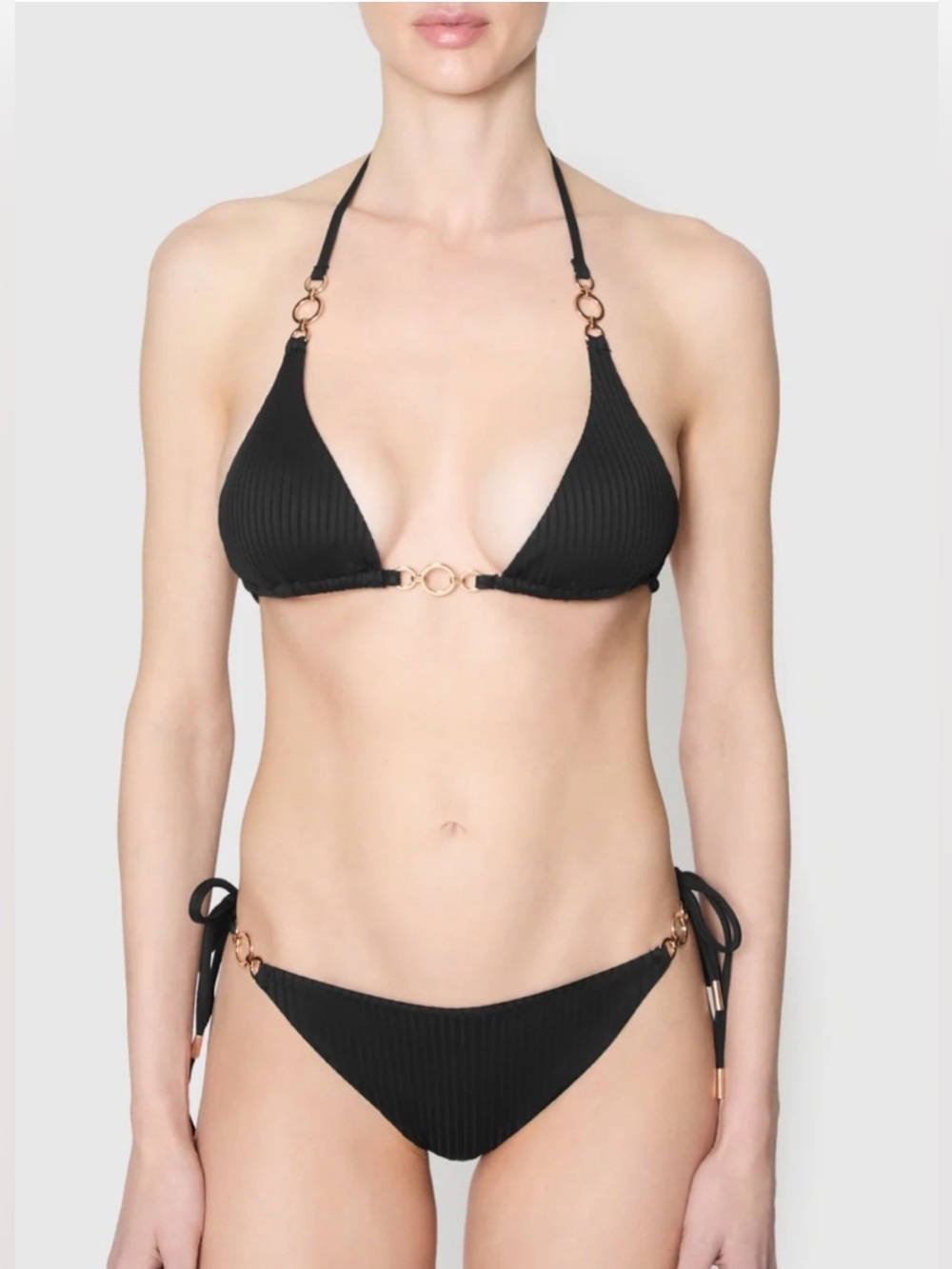 NWT Rebecca Minkoff Black Ribbed Triangle Bikini with Gold Ring Details | Large